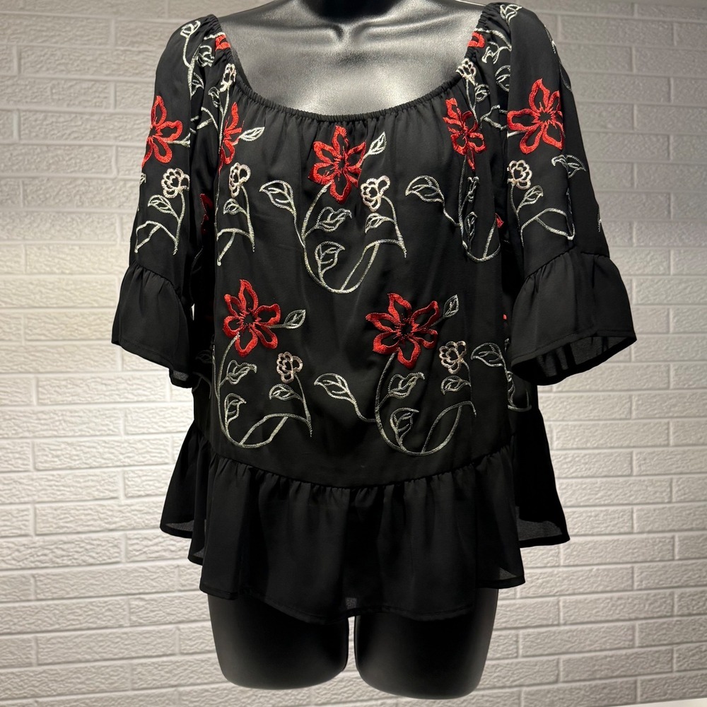 Candies‎ Women's Black Floral Embroidered Ruffle Top Square Neck Blouse